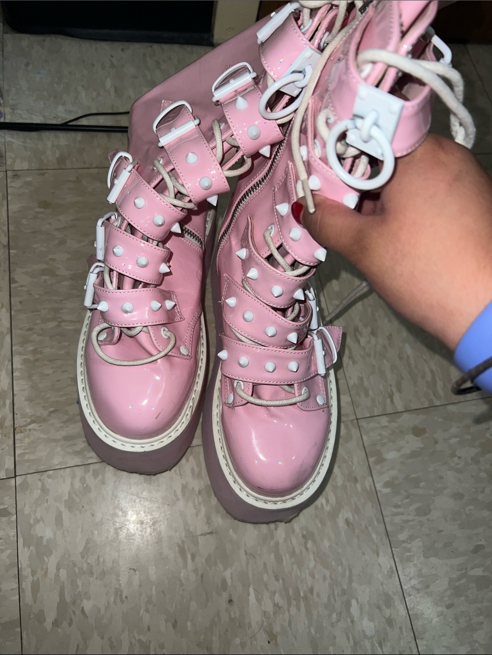 Demonia Pink Patent Platform Lace-Up Buckle Boots - Picture 3 of 4